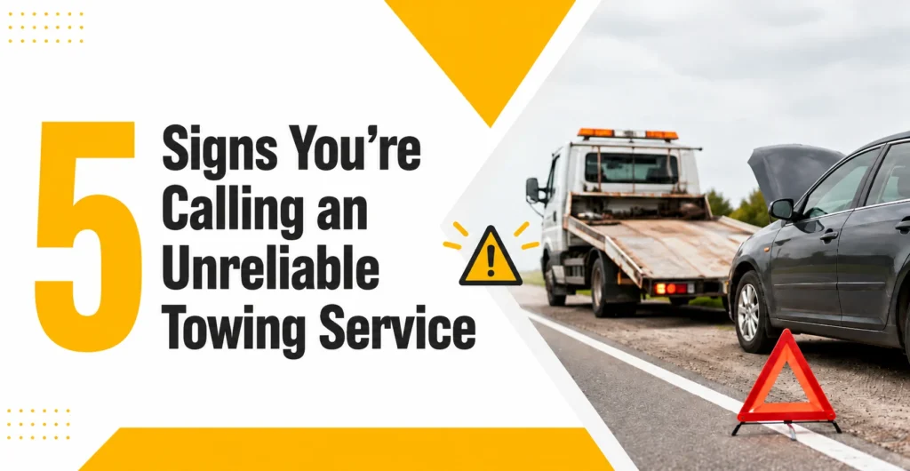 5 signs you're calling an unreliable towing service with tow truck and broken-down car on roadside
