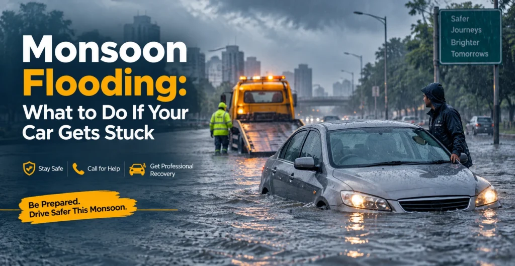 Car stuck in floodwater during monsoon rain with a recovery truck approaching for emergency vehicle assistance.