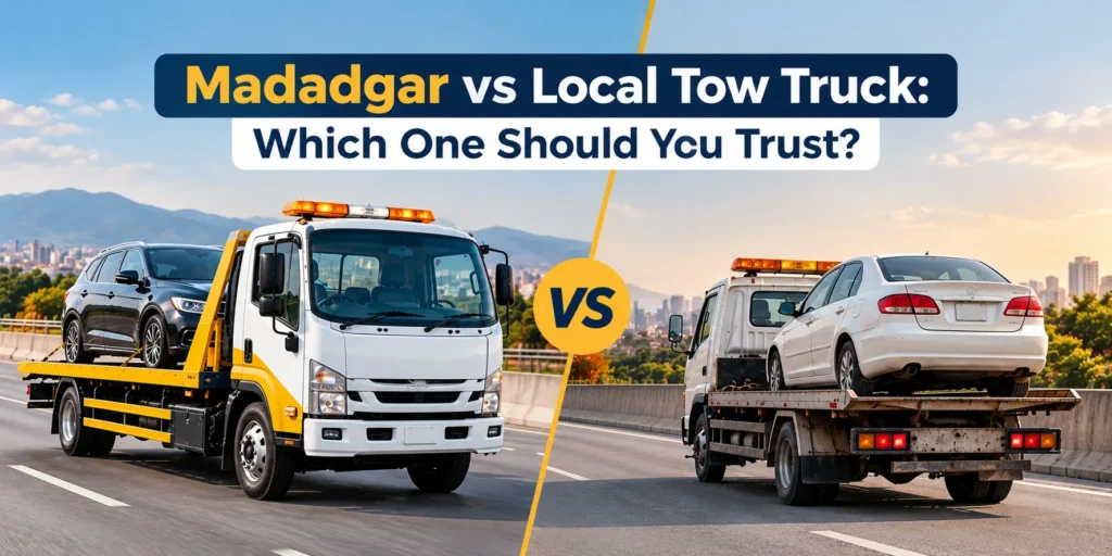 Madadgar vs local tow truck comparison showing two recovery trucks transporting vehicles on a highway.