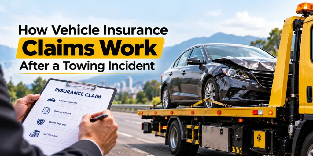 Vehicle insurance claim process after a towing incident, showing a damaged car being transported on a flatbed tow truck.